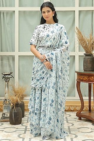 ice white printed & hand embroidered pre-draped saree set