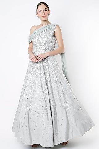 iceberg grey embroidered gown with draped dupatta