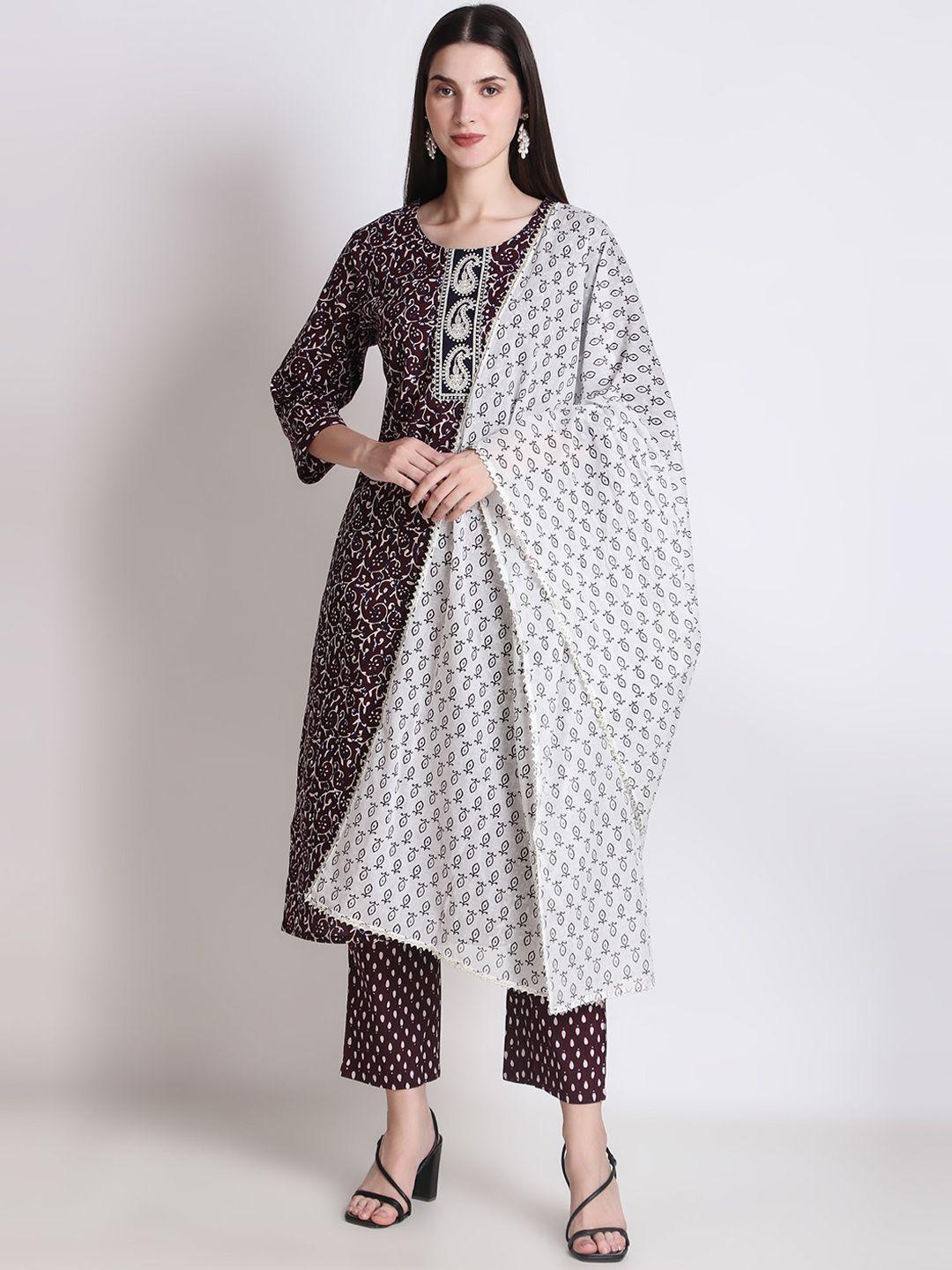 ichaa floral printed thread work pure cotton kurta with trousers & dupatta