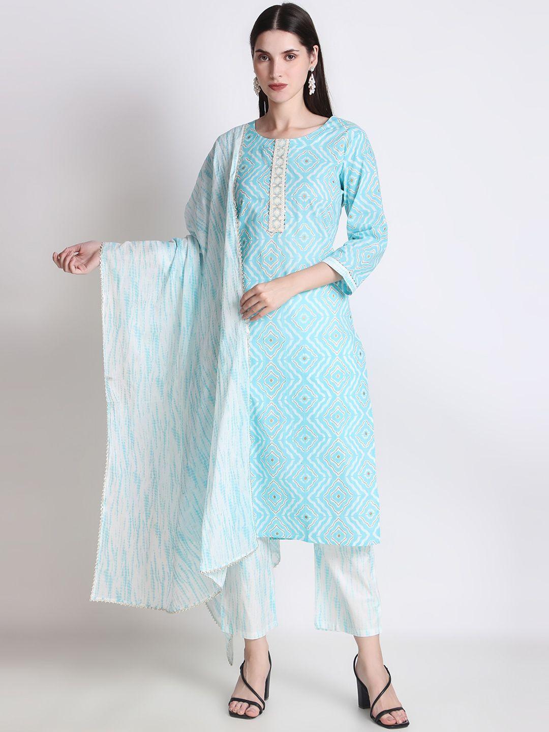 ichaa geometric printed pure cotton kurta & trousers with dupatta