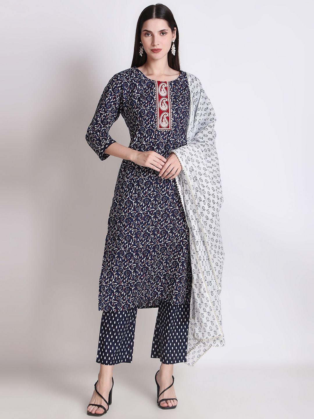 ichaa women floral printed pure cotton kurta & trousers with dupatta