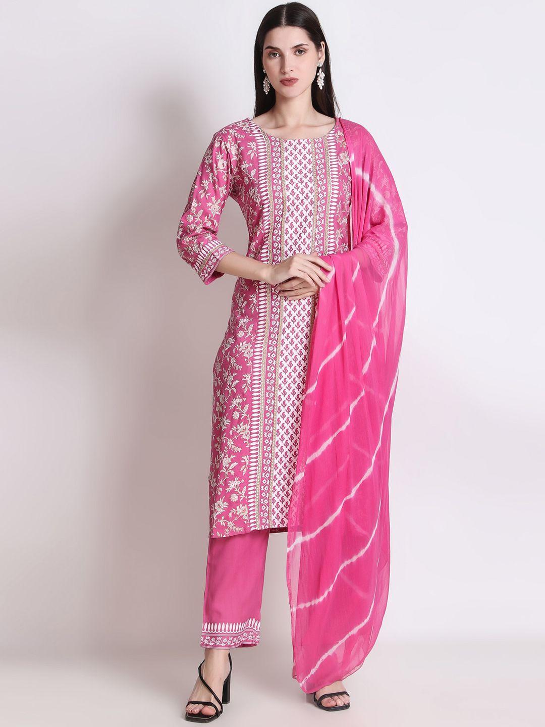 ichaa women pink floral printed kurti with trousers & with dupatta