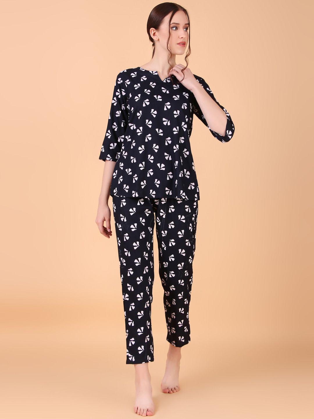 ichaa floral printed notched neck top with pyjamas