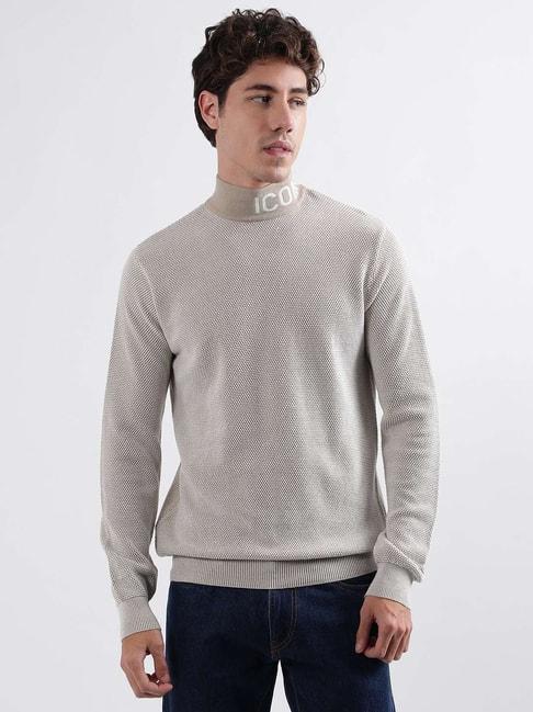 iconic beige cotton regular fit texture sweater