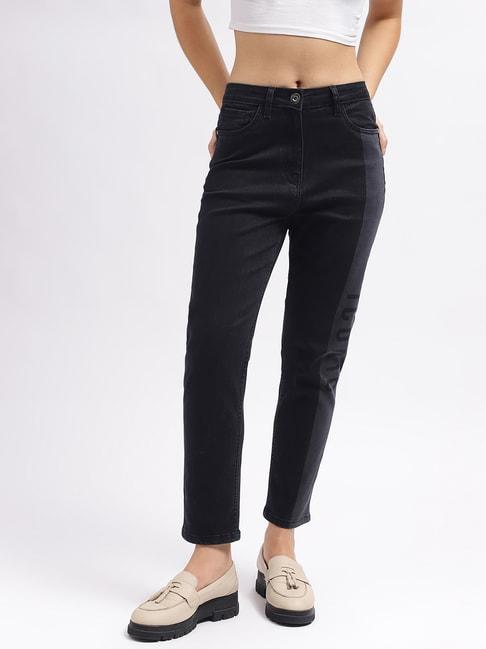 iconic black blended color-block super skinny fit mid rise jeans