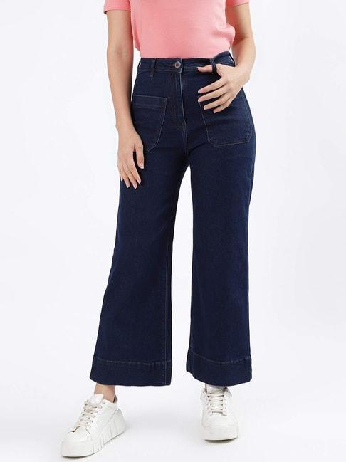 iconic blue cotton mid rise flared jeans