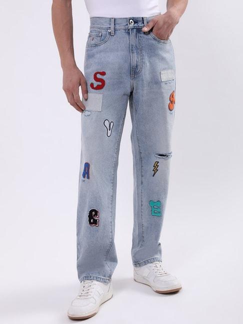 iconic ice blue cotton relaxed fit embroidered jeans
