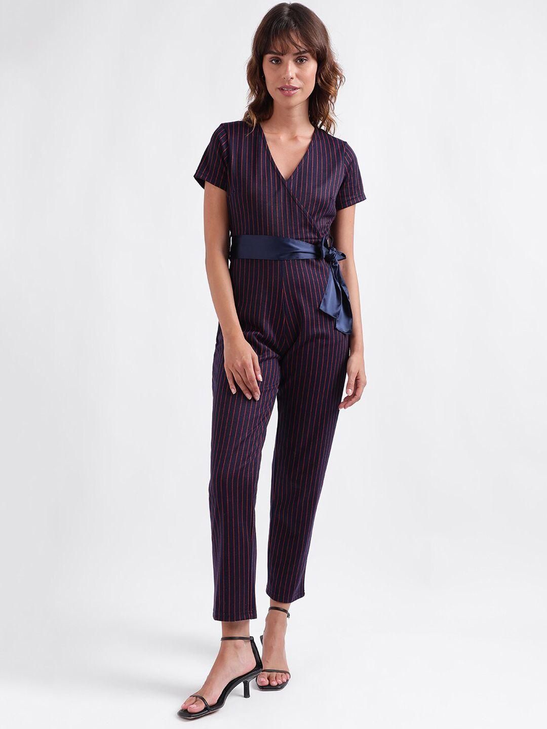 iconic navy blue & red striped v-neck tie-up basic jumpsuit
