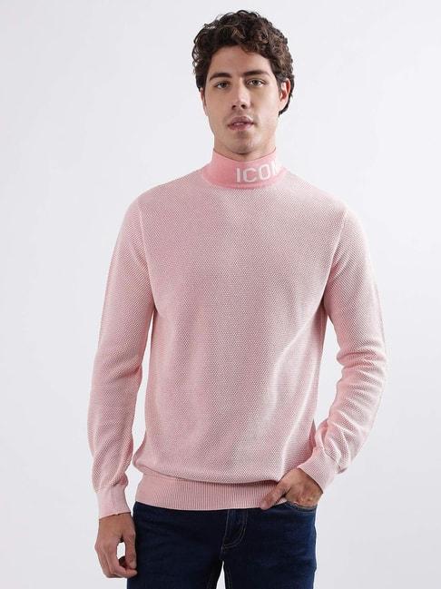 iconic pink cotton regular fit texture sweater