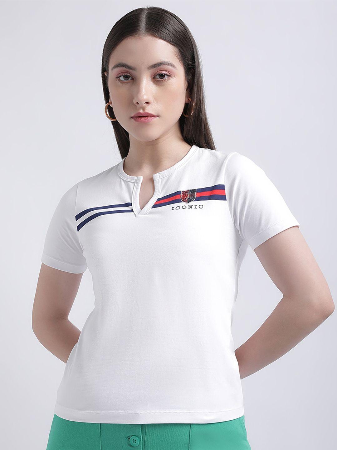 iconic women white typography polo collar pockets t-shirt