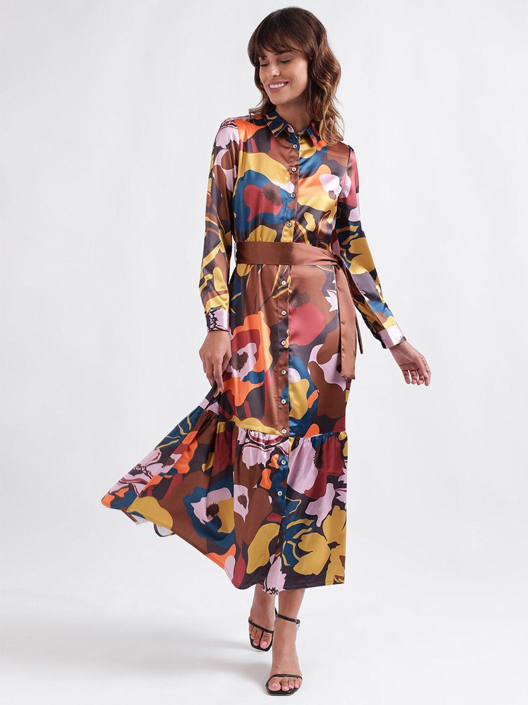 iconic abstract printed cuffed sleeves shirt style midi dress