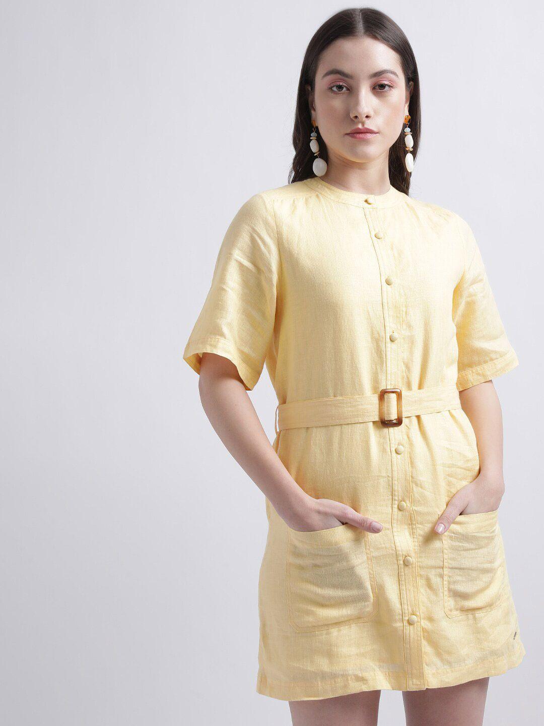 iconic band collar linen belted a-line dress
