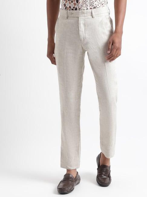 iconic beige linen regular fit texture trousers
