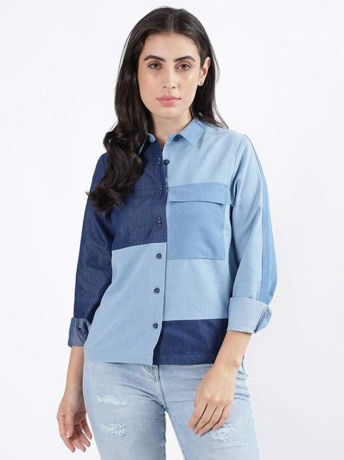 iconic blue cotton color-block shirt