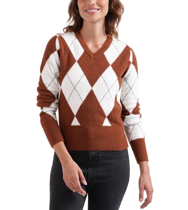 iconic brown & white argyle printed regular fit sweater