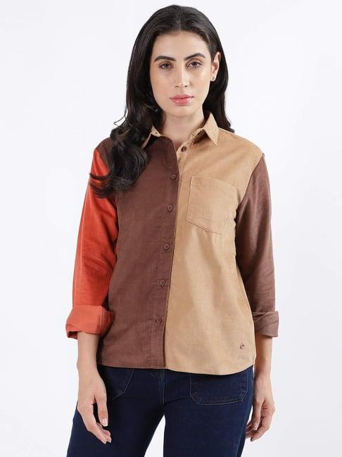 iconic brown cotton color-block shirt