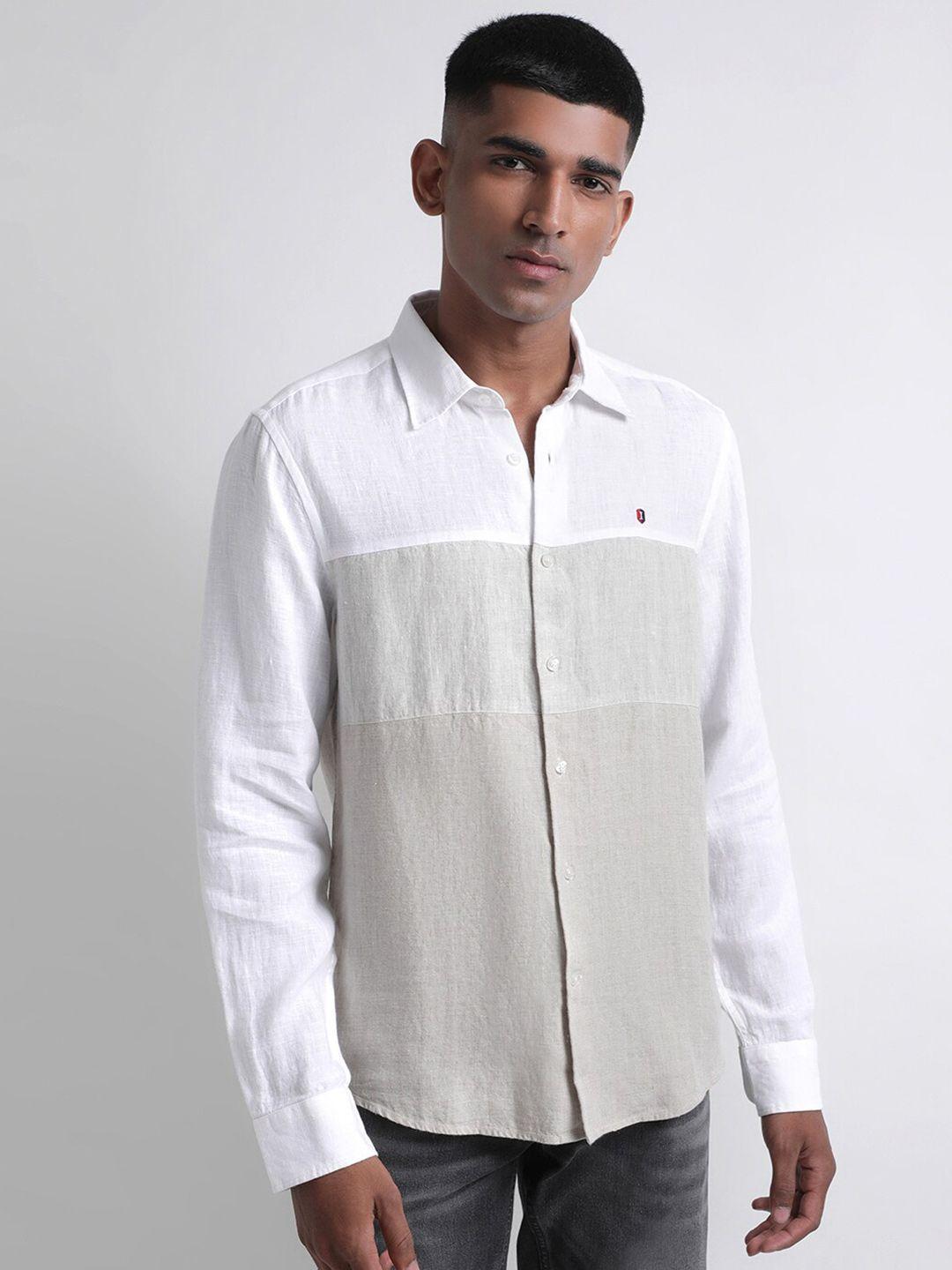 iconic colourblocked spread collar casual linen shirt
