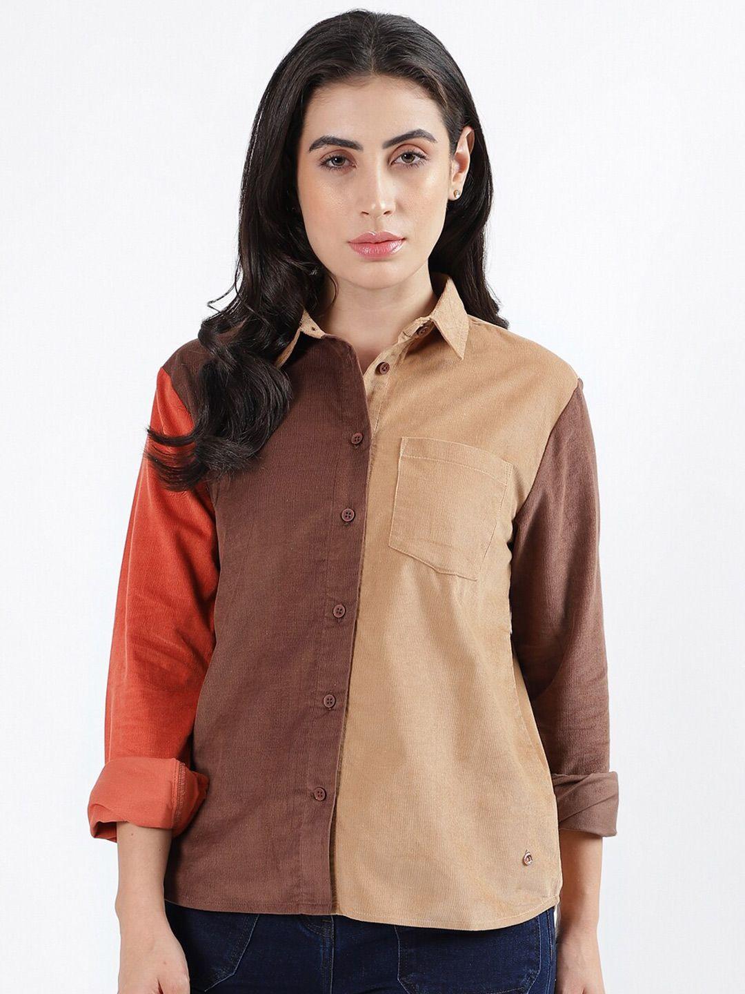 iconic colourblocked spread collar casual pure cotton shirt