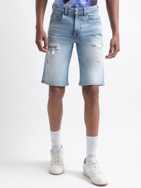 iconic light blue cotton regular fit distressed denim shorts