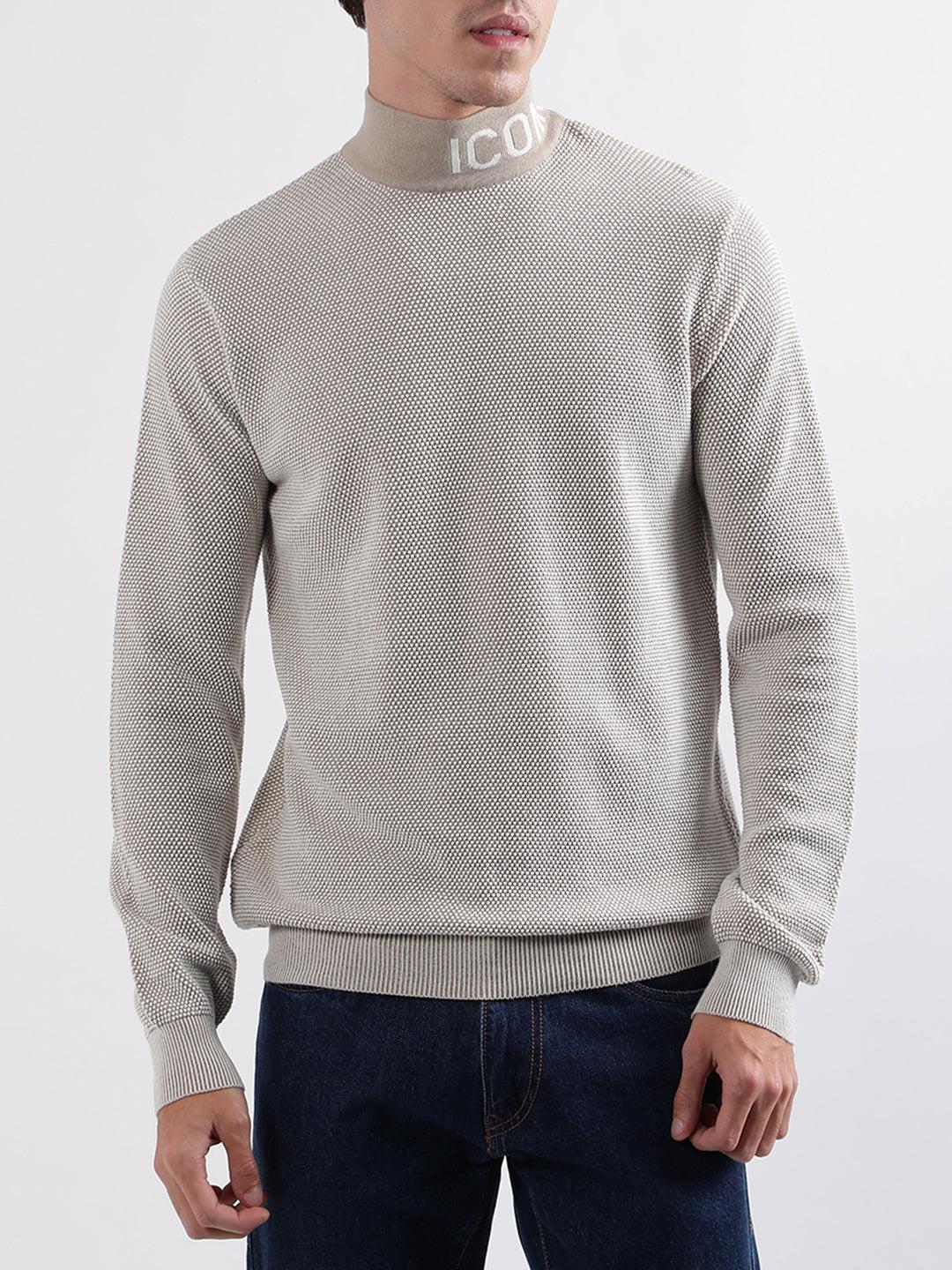 iconic men beige solid high neck sweater
