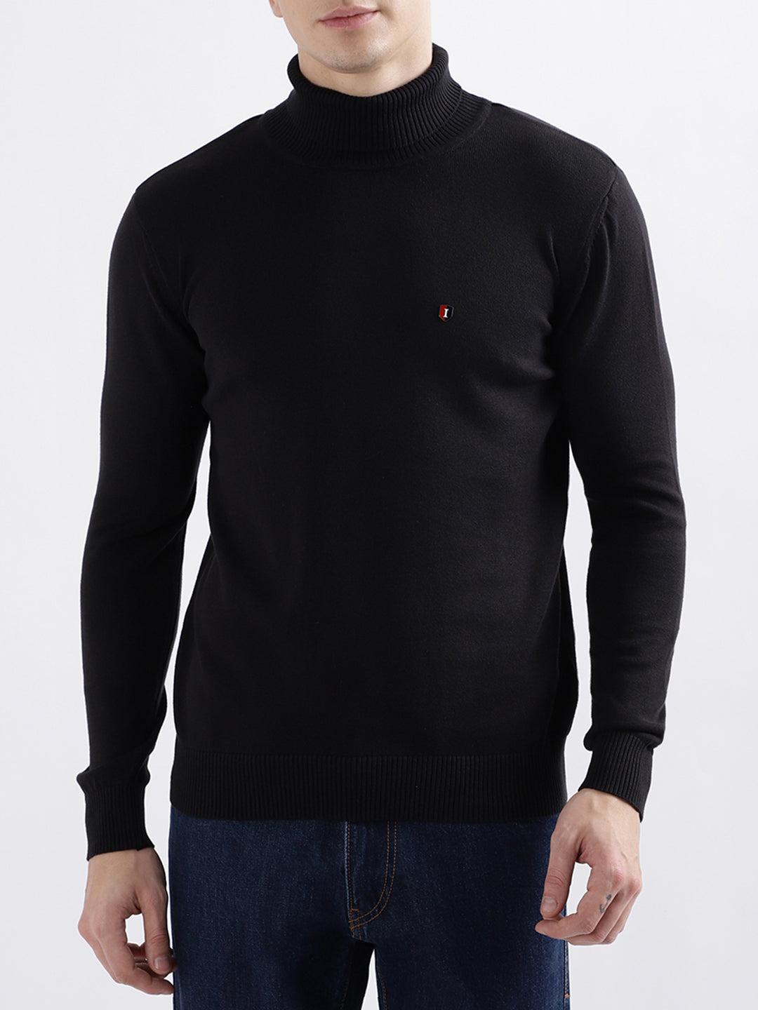 iconic men black solid full sleeves turtle neck sweater