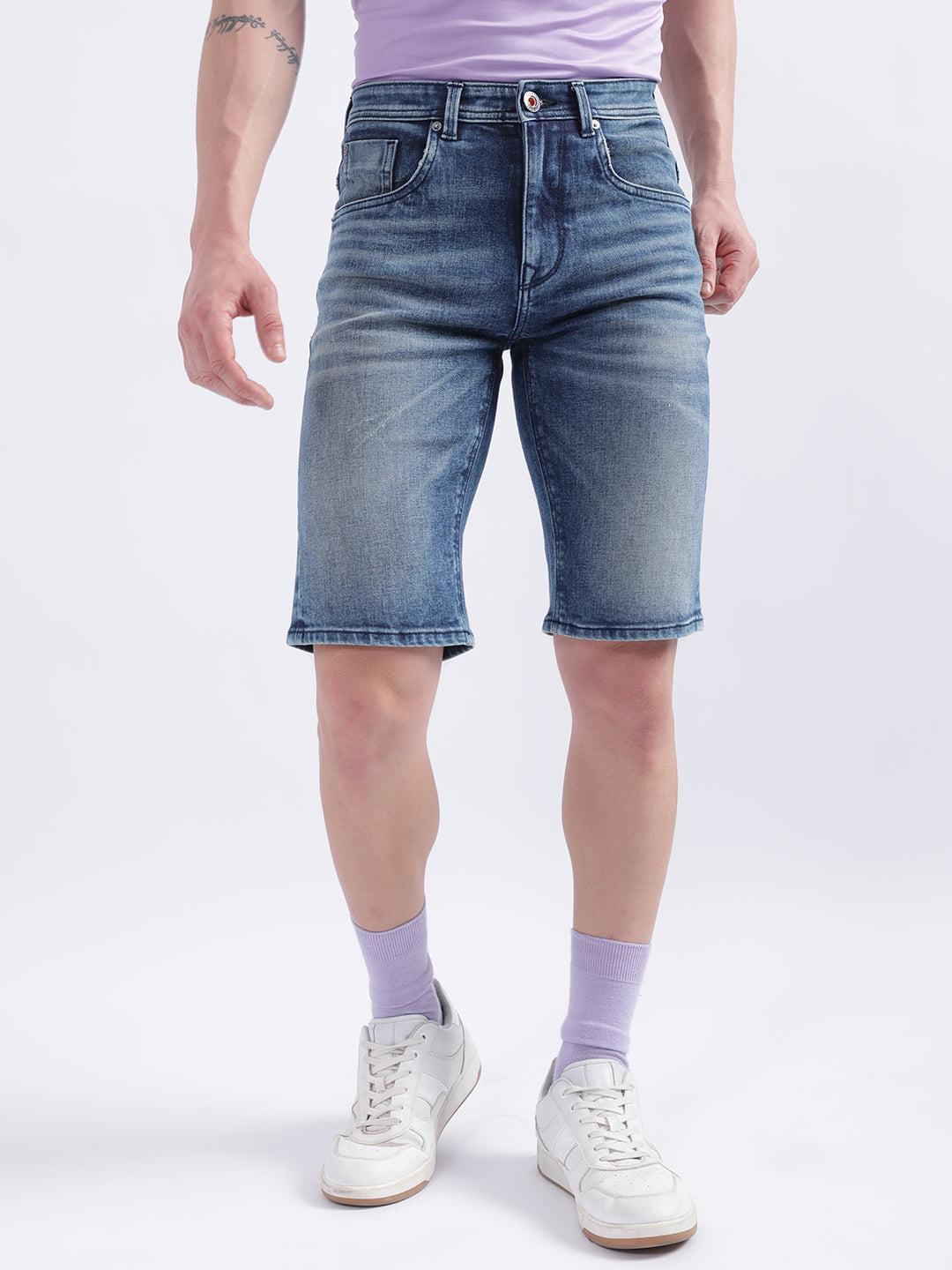 iconic men blue embroidered regular fit shorts