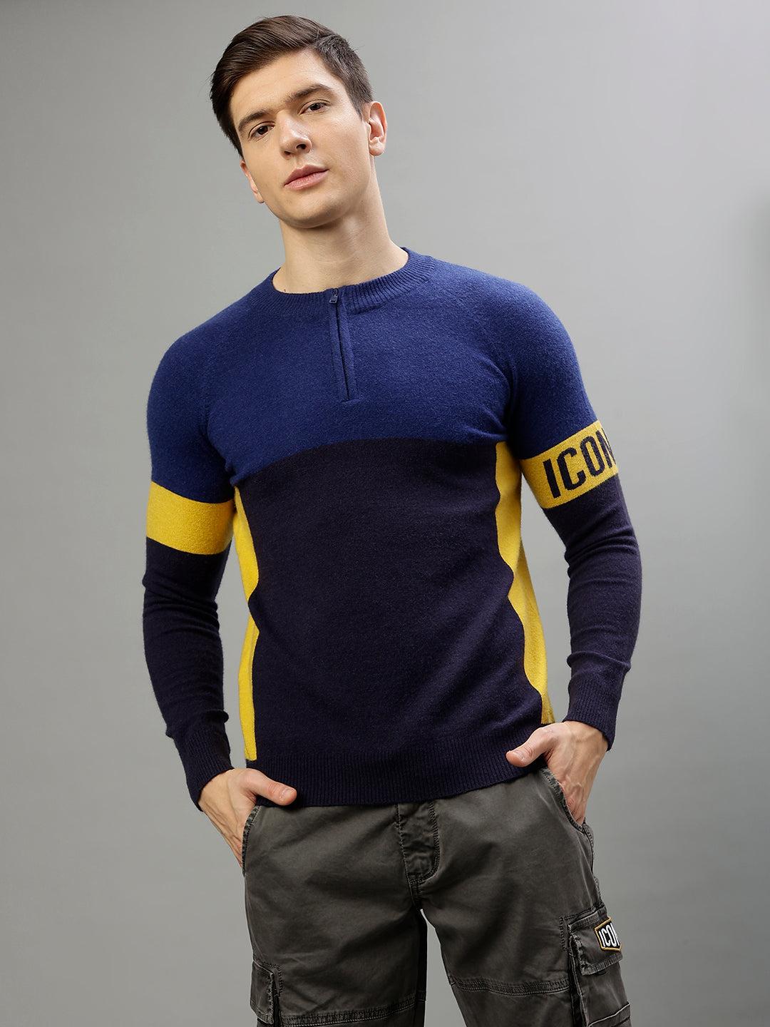 iconic men colour blocked round neck full sleeves sweater