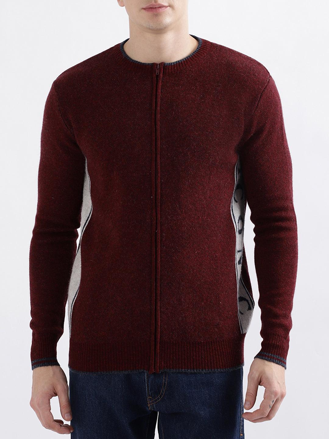 iconic men maroon solid full sleeves round neck sweater