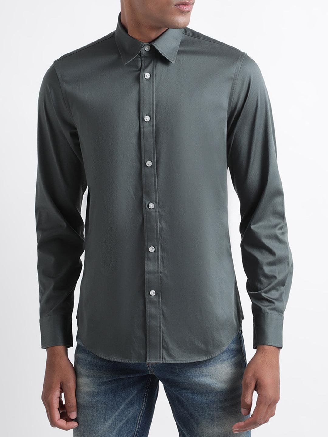 iconic men olive solid collar shirt