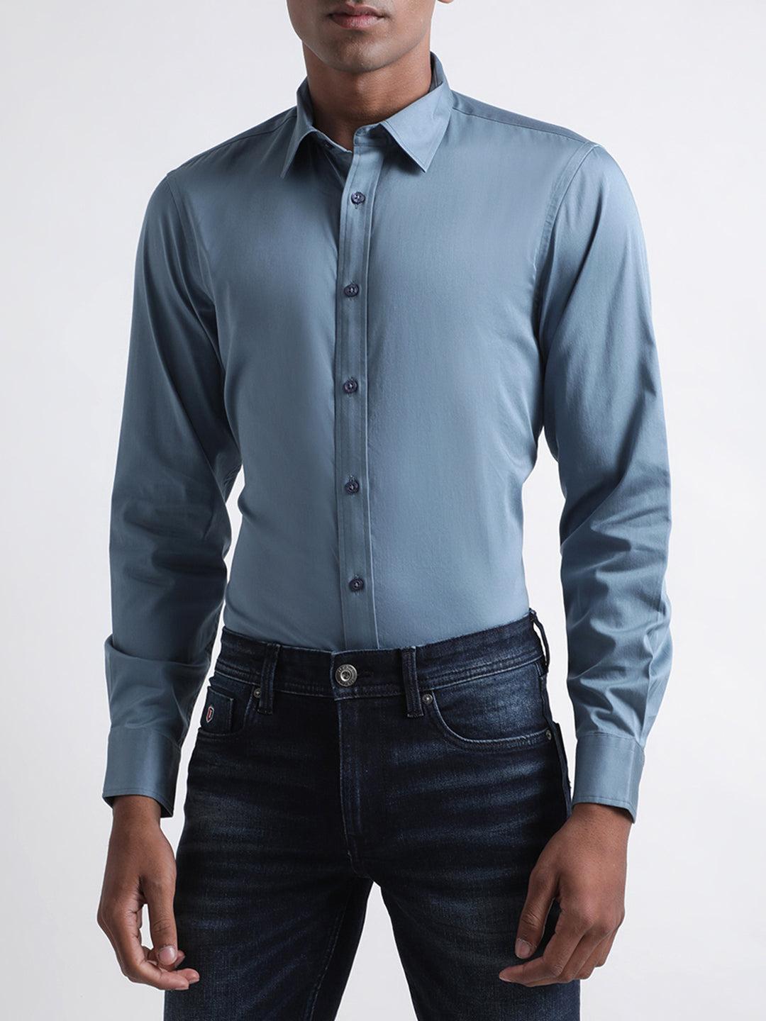 iconic men teal solid collar shirt