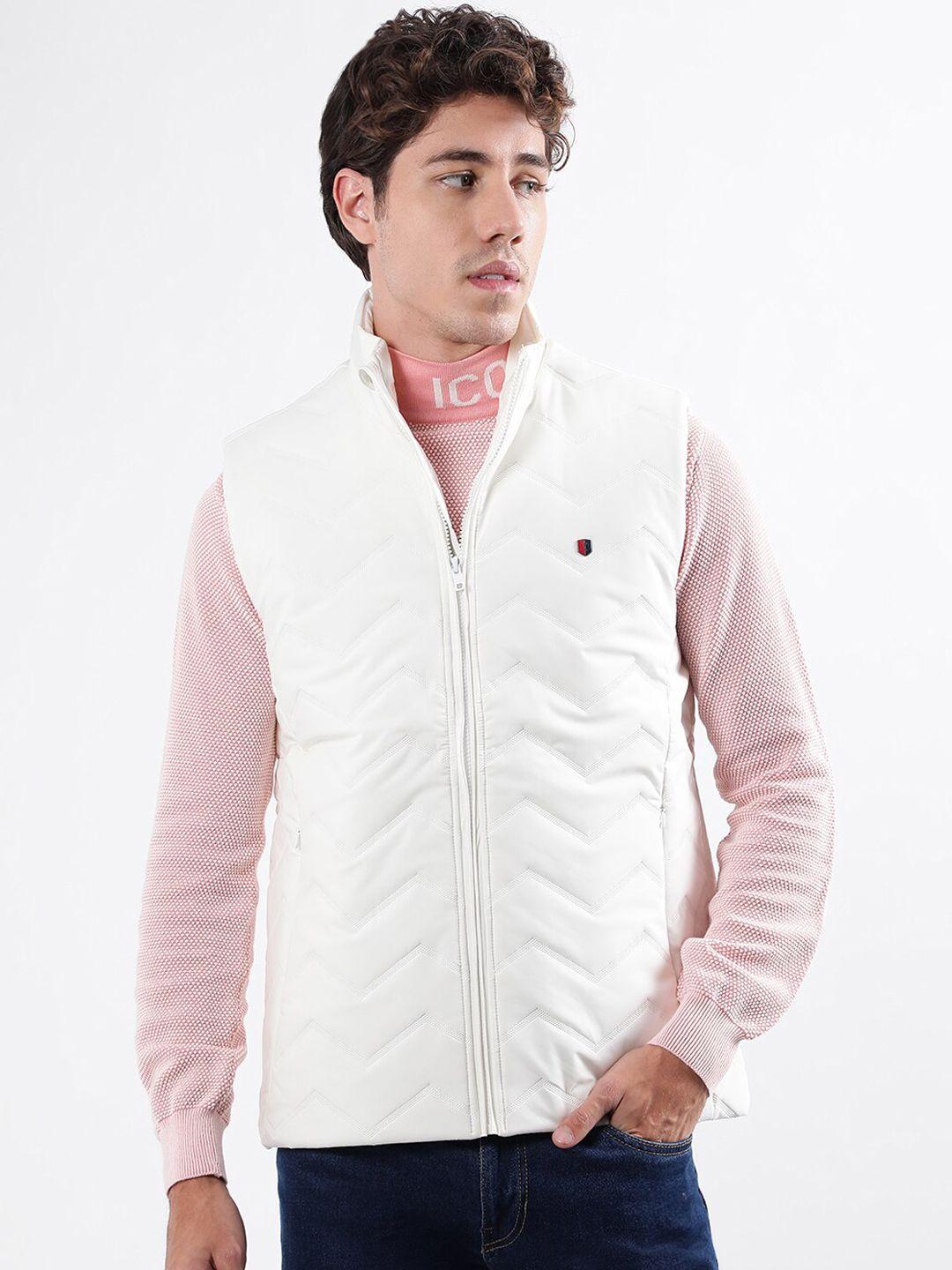 iconic men white geometric colourblocked quilted jacket with embroidered