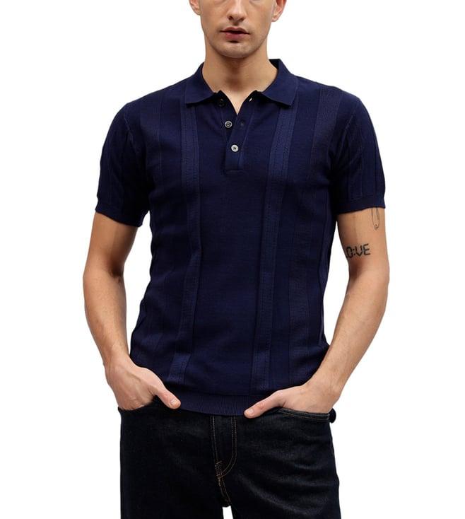 iconic navy flat knit striped regular fit polo t-shirt