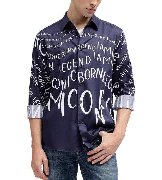 iconic navy printed regular fit shirt