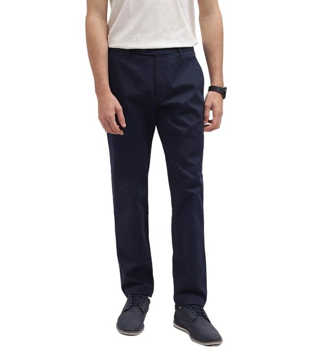 iconic navy regular fit flat front trousers