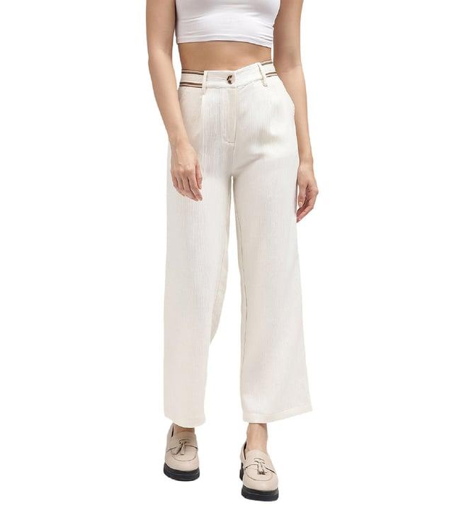 iconic off white textured regular fit pleated trousers