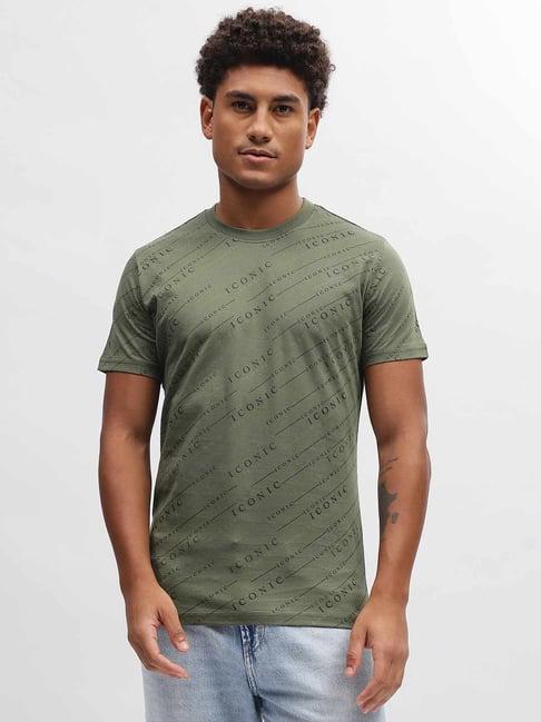 iconic olive cotton regular fit printed t-shirt