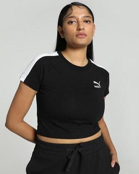 iconic t7 slim fit crop t-shirt with contrast panels