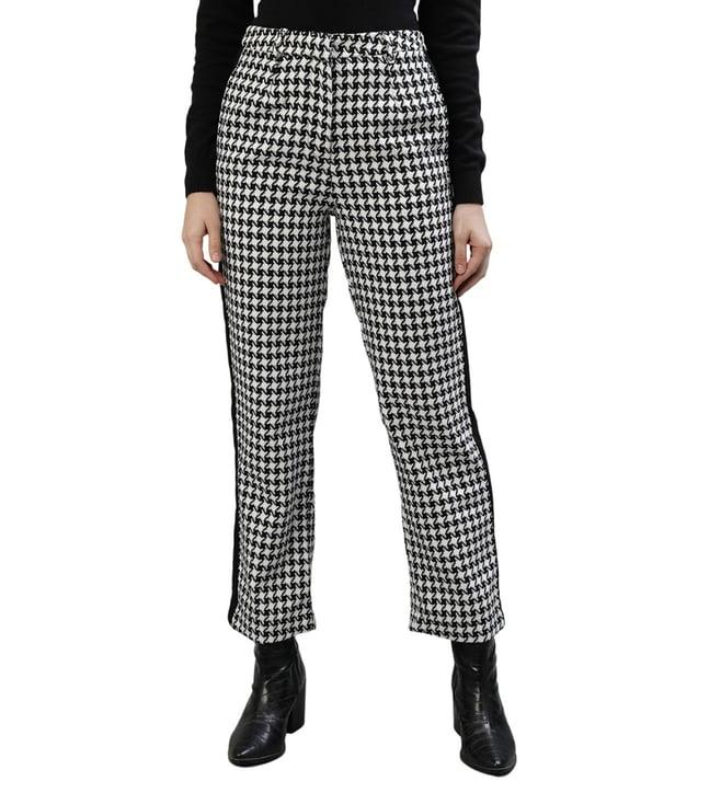 iconic white & black geometric regular fit flat front trousers