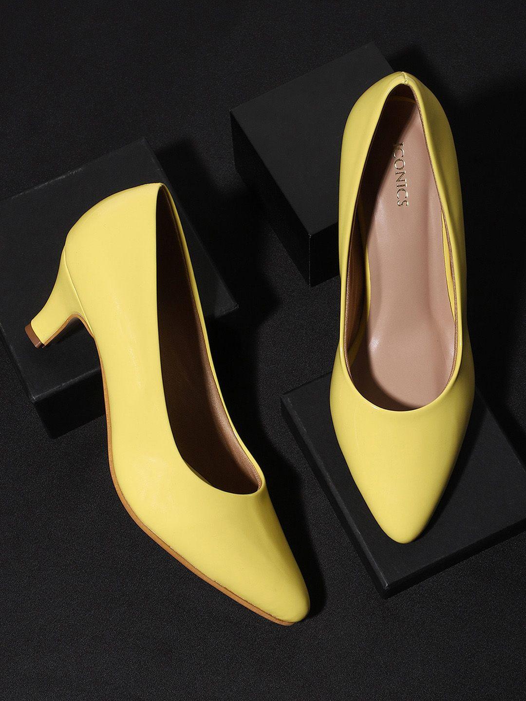 iconics women yellow solid block heeled pumps