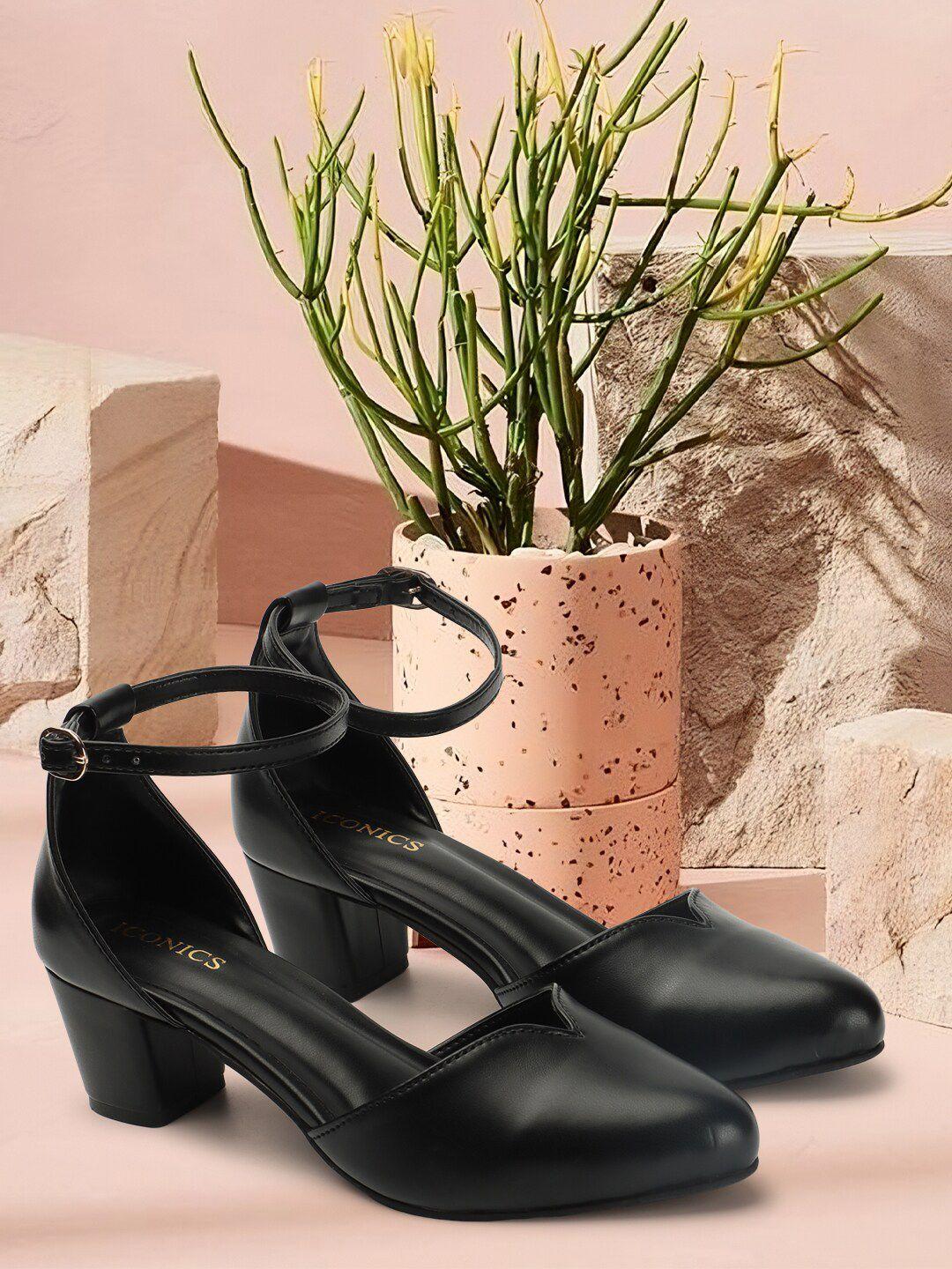 iconics pointed toe block pumps with ankle loop