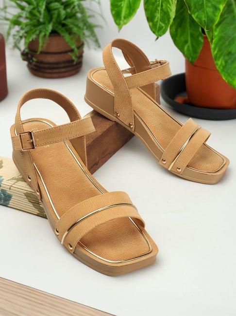iconics women's camel ankle strap wedges