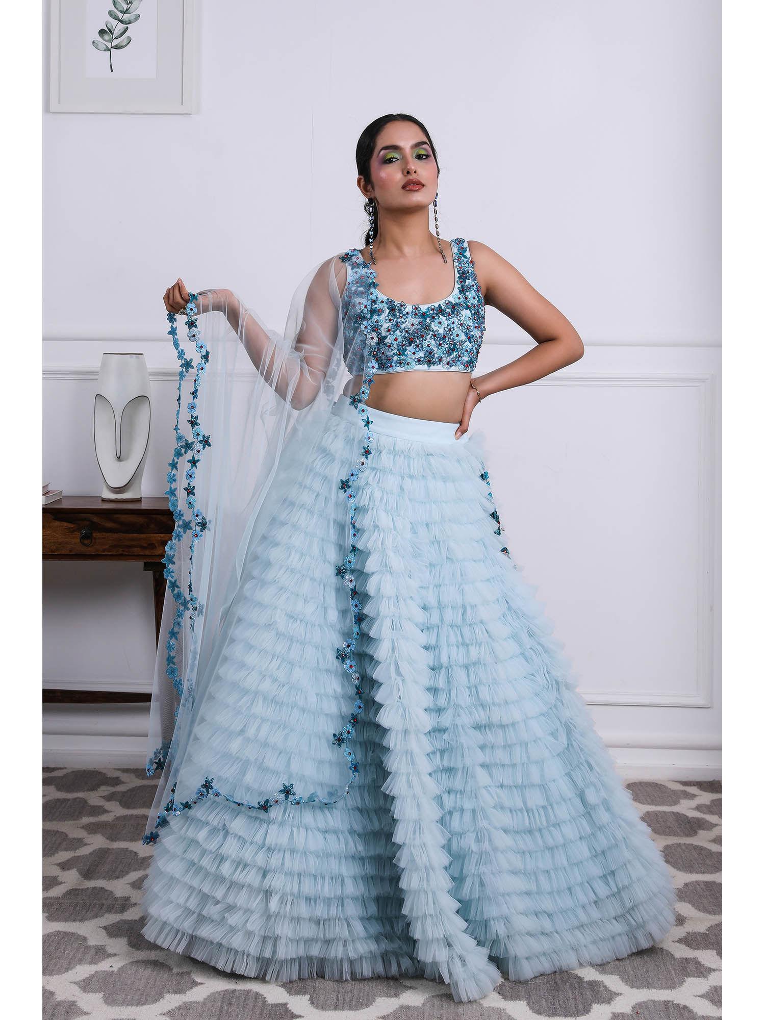 icy blue lehenga with blouse and dupatta (set of 3)