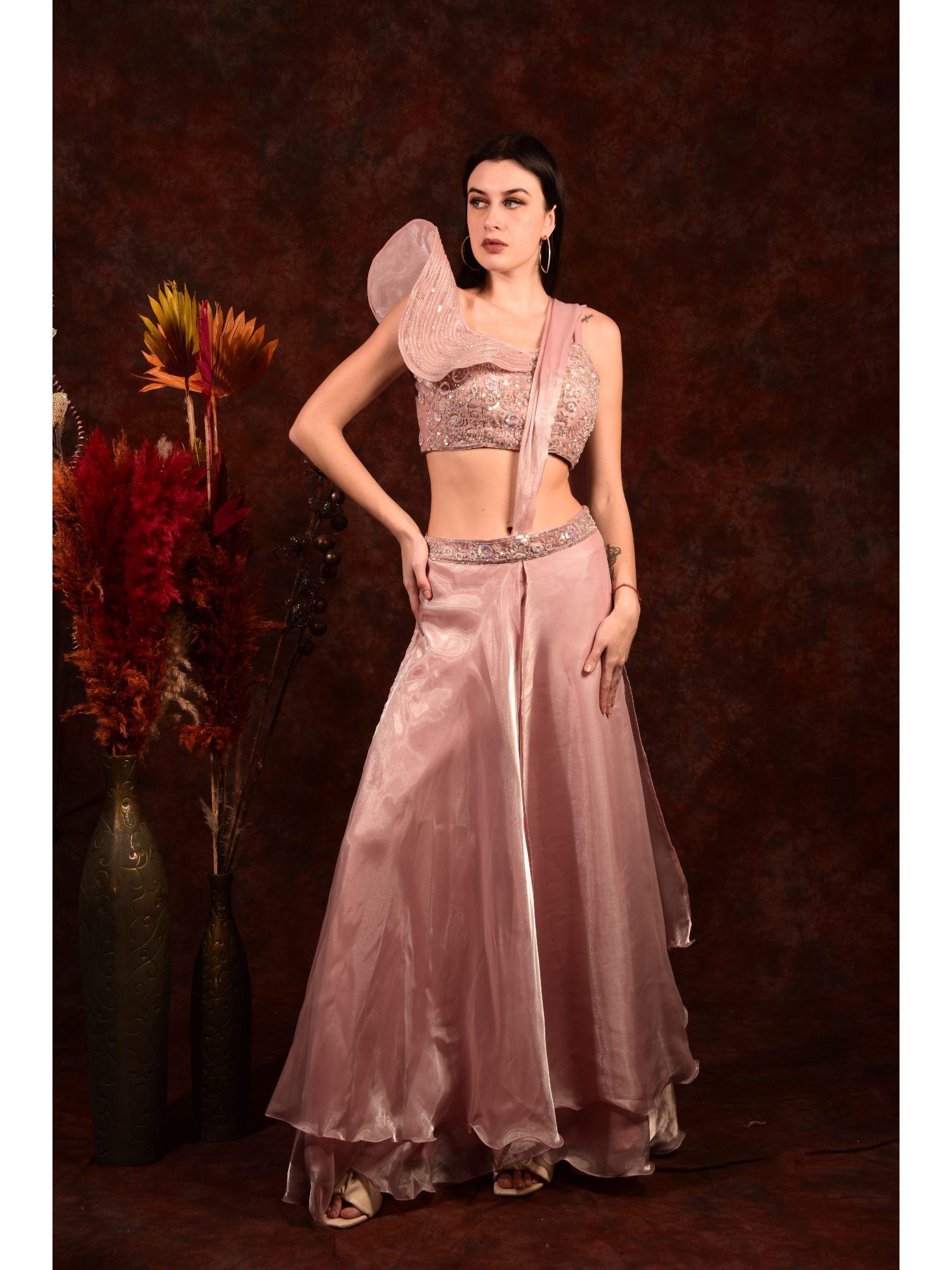 icy pink crop top and palazzo with attached dupatta (set of 2)