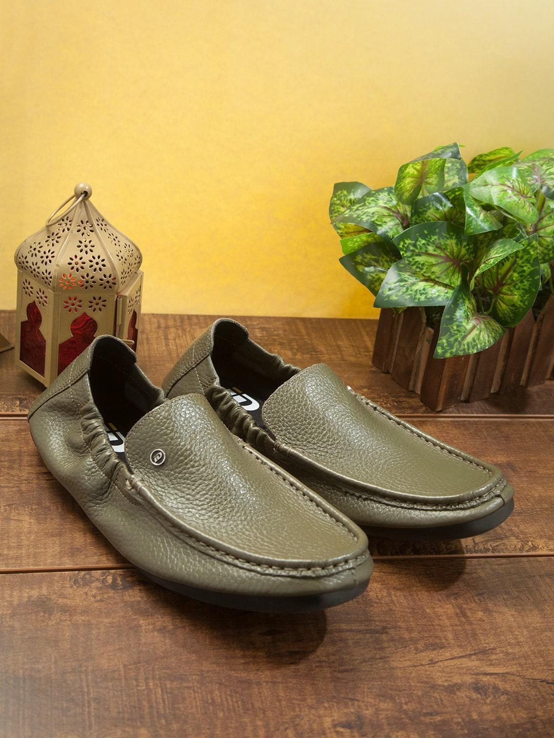 id men olive green leather loafers