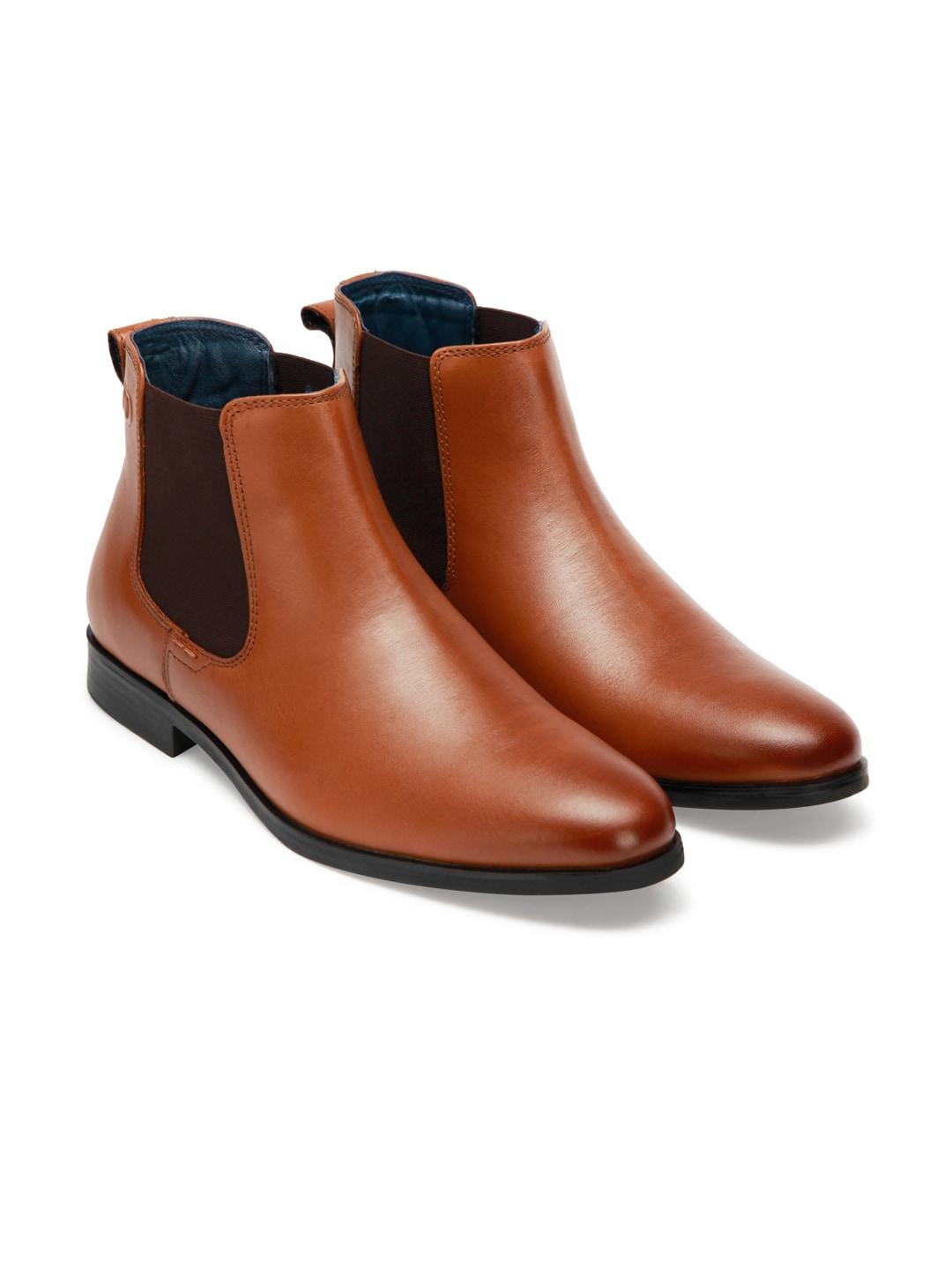 id men tan solid leather slip-on boots