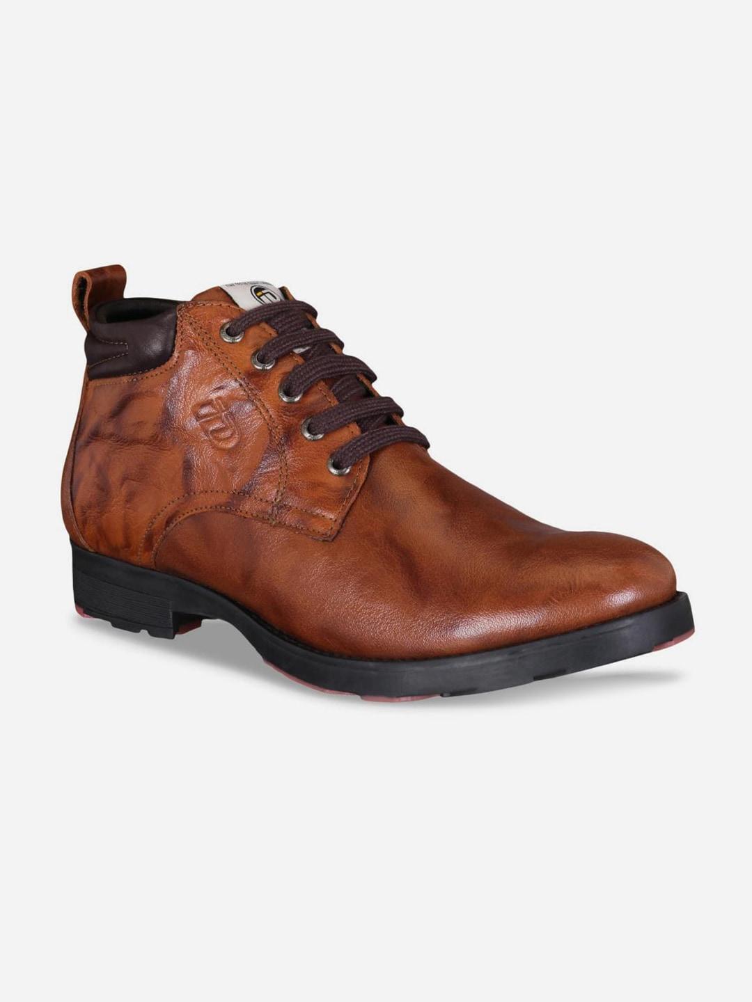 id men tan-brown solid leather boots