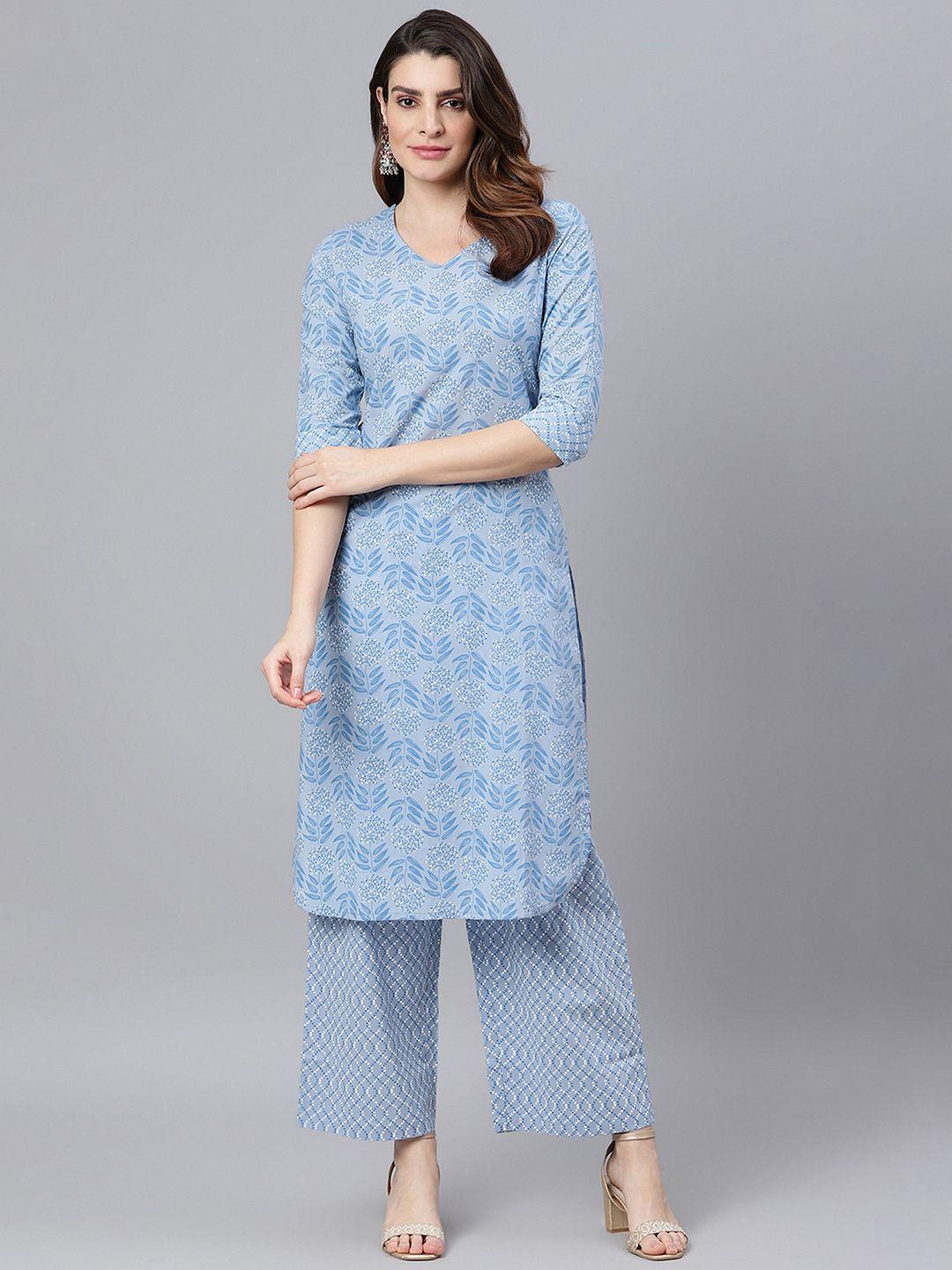idalia women blue ethnic motifs printed pure cotton kurta with palazzos