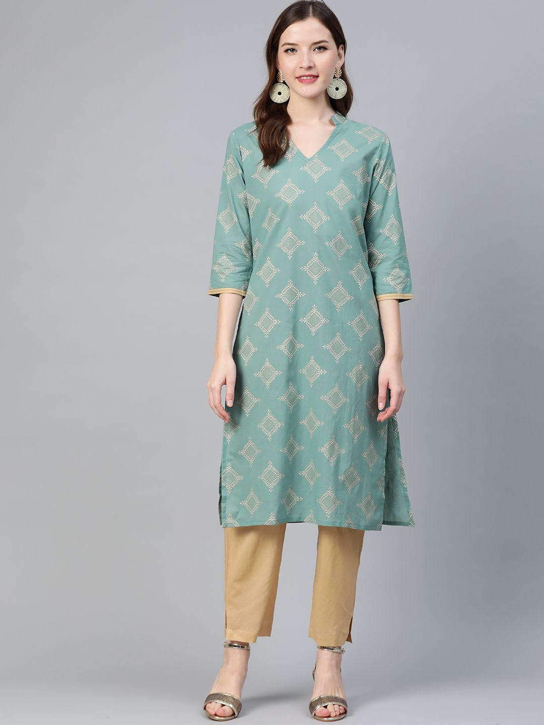 idalia women green & beige printed kurta with trousers
