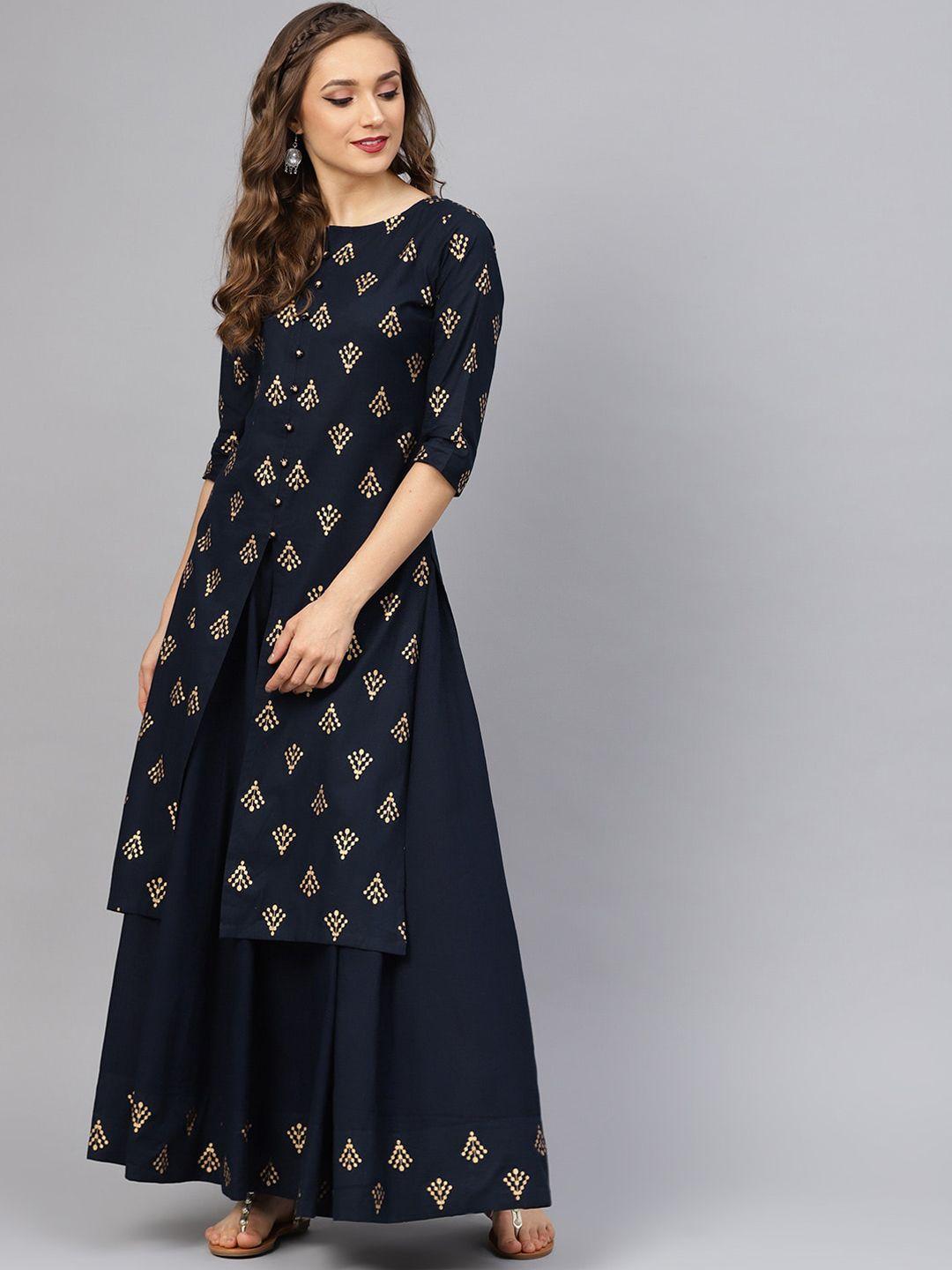 idalia women navy blue & gold coloured ethnic motifs printed pure cotton kurta with skirt