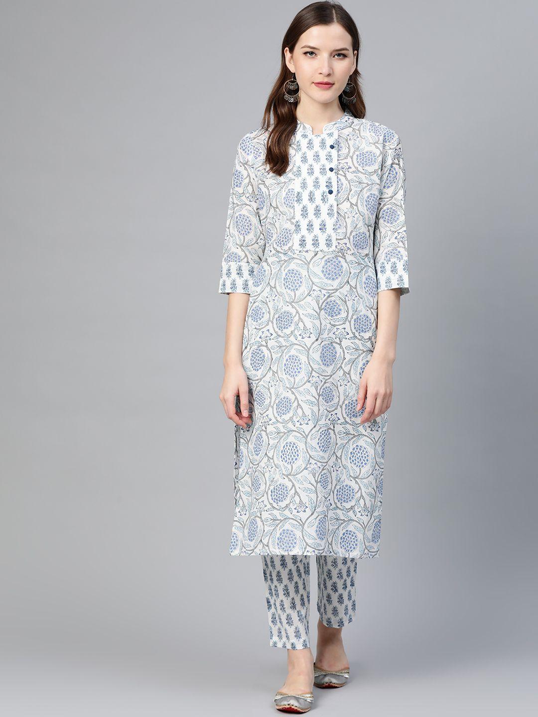 idalia women white & blue printed kurta with trousers